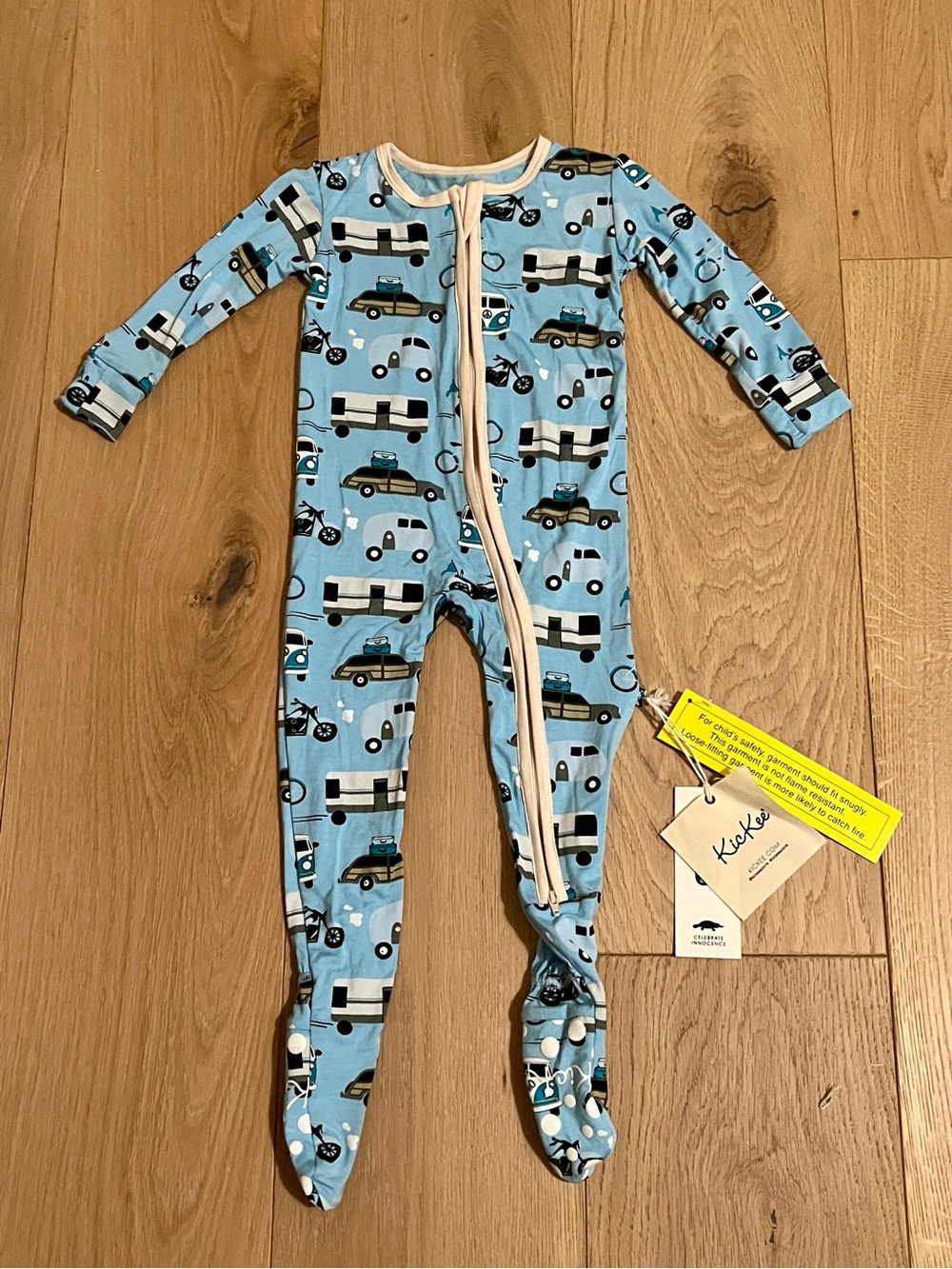 NWT Kickee Pants Light Blue Camper & Car Zip Footed One-Piece
